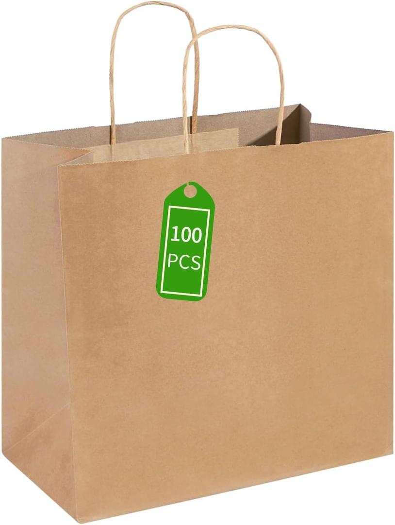 PAICUIKE 100Pcs Large Brown Paper Bags with Handles, 13x7x13 Inch Gift Bags for Business, Shopping, Party, Wedding & Birthday | Natural Brown Kraft Bags for Retail, Merchandise & Events