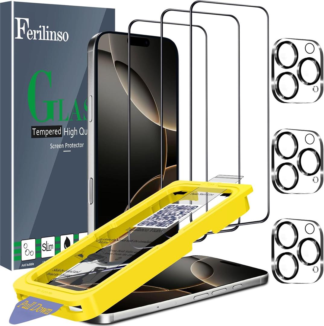 Ferilinso [Auto Dust Install] 3 Pack Screen Protector for iPhone 16 Pro Max [Phone Case fit], 3 Tempered Glass Camera Lens Protector Accessories for Apple