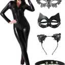 Maxim Party Supplies Leather Catsuit Costume Bodysuit for Women 5 Piece Latex Jumpsuit include 2 Masks, Choker, and Cat Ears (Small/Medium)