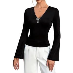 Women's Sparkly Rhinestone V Neck T Shirt Bell Long Sleeve Fitted Going Out Tops (Black, L)