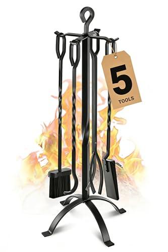 Gtongoko Fireplace Tools Set 5 Pieces 32 Inch Modern Black Wrought Iron Large Fire Tool Set for Outdoor/Indoor Include Chimney Poker, Tongs, Shovel, Brush and Stand Accessories Set
