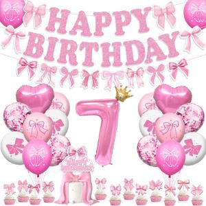 46Pcs Pink Bow Birthday Party Decorations Include Happy Birthday Banner-Cake Topper-Cupcake Toppers-Balloons-Backdrop for 7th Birthday Decorations for Girls