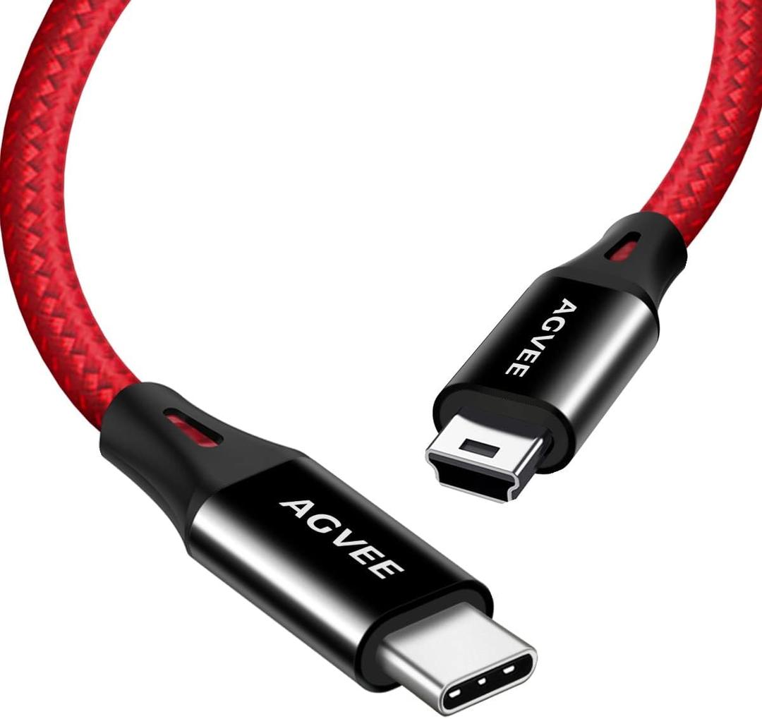 AGVEE 2 Pack 6.6ft USB-C to Mini USB Cable, Braided Durable Mini-B 5-Pin to Type-C Data Charging Charger OTG Cord for Hero 3+, PS3 Controller, Canon Nikon Camera, GPS, Blue Yeti, Red