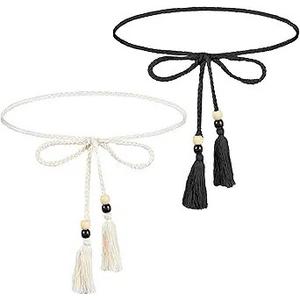 Bremorou Elegant Women's Rope Belt With Tassel White Rope Belt Macrame Belts For Women Braided Waist Tie Trendy Boho Thin Belts（White,Black）