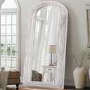Arched Full Length Mirror with Solid Wood Frame, 71x32 Farmhouse Wall Mirror Full Length with Stand, Vertical Hanging, Leaning Standing for Bedroom, Living Room, Rustic White