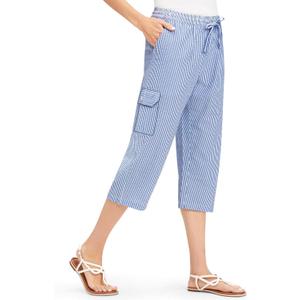 Collections Etc Striped Seersucker Drawstring Cargo Pocket Capri Pants (Large, Blue)