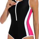 ATTRACO Athletic Swimsuit Women One Piece Bathing Suit Zipper Front Lap Swimwear for Women (Pink, L)