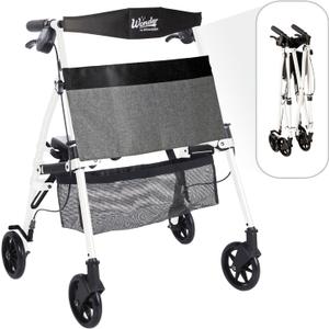 Stander Wonder Rollator Plus Short, Lightweight Junior Folding Mobility Aid for Petite Adults, Seniors, and Elderly, Collapsible Travel Rolling Walker with Four Wheels and Seat, Vivid White