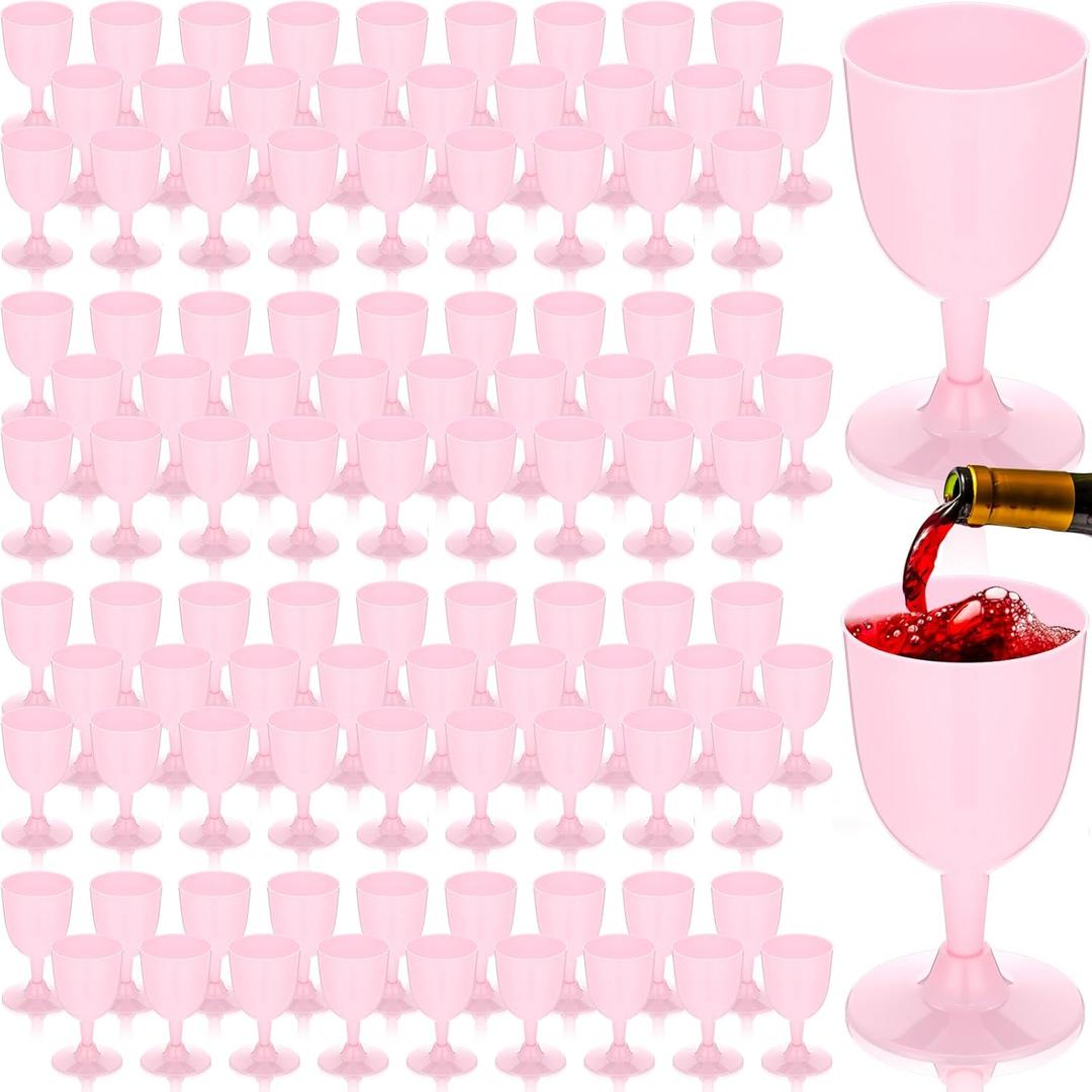 Mimorou 100 Pcs Pink Plastic Wine Glasses for Wedding 5.4 oz Small Disposable Goblets with Stem, Unbreakable Plastic Drinking Glasses Drinkware Cup for Wedding Birthday Mother's Day Party Supplies