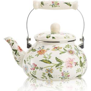 Enamel Teapot floral,Large Porcelain Enameled Teakettle,Colorful Water Tea Kettle pot for Stovetop,Small Retro Classic Design (style01 Growing)
