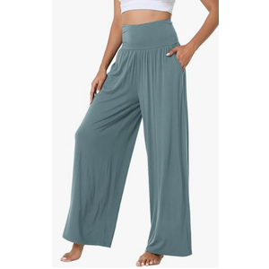 WiWi Women's Pajama Pants Bamboo Viscose Super Soft Wide Leg Palazzo Lounge Yoga Cooling Sleep Bottoms with Pockets, Dusty Blue, L