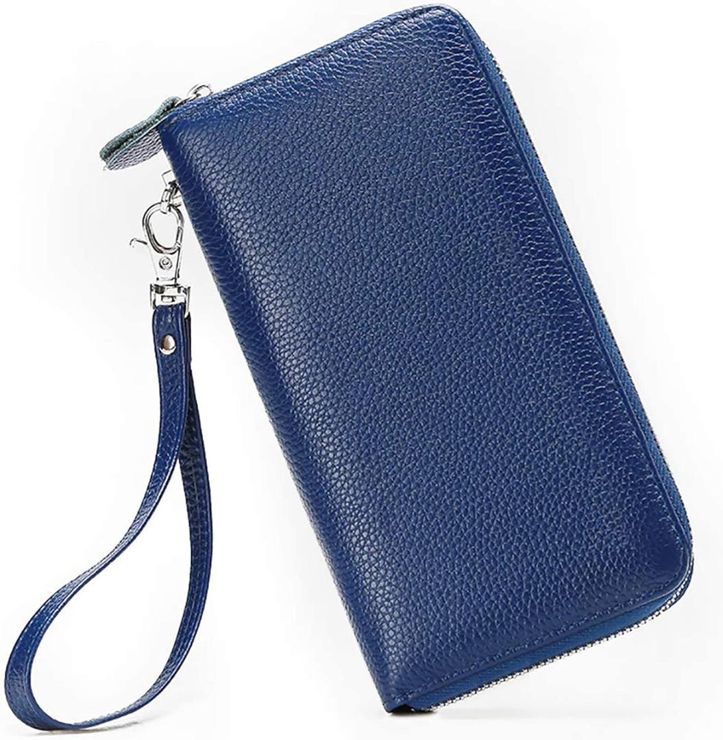 Womens Wallet RFID Blocking Genuine Leather Zip Around Wallet Clutch Wristlet Travel Long Purse for Women (Blue)