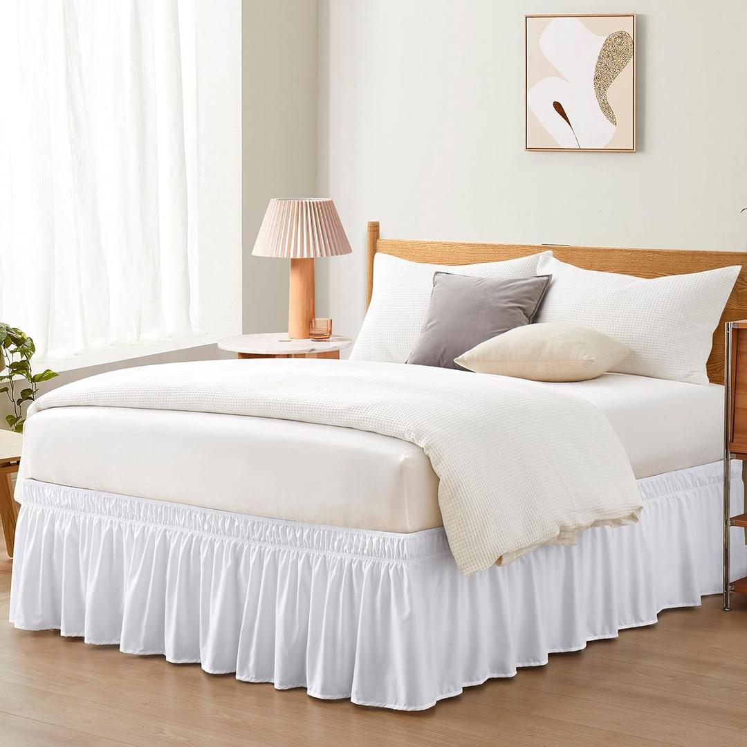 Entisn White Adjustable Bed Skirt for Twin & Twin XL Bed  with 14 Inch Tailored Drop, Wrap Around Bed Skirts with Adjustable Elastic Belt for Easy Fitting  Wrinkle & Fade Resistant