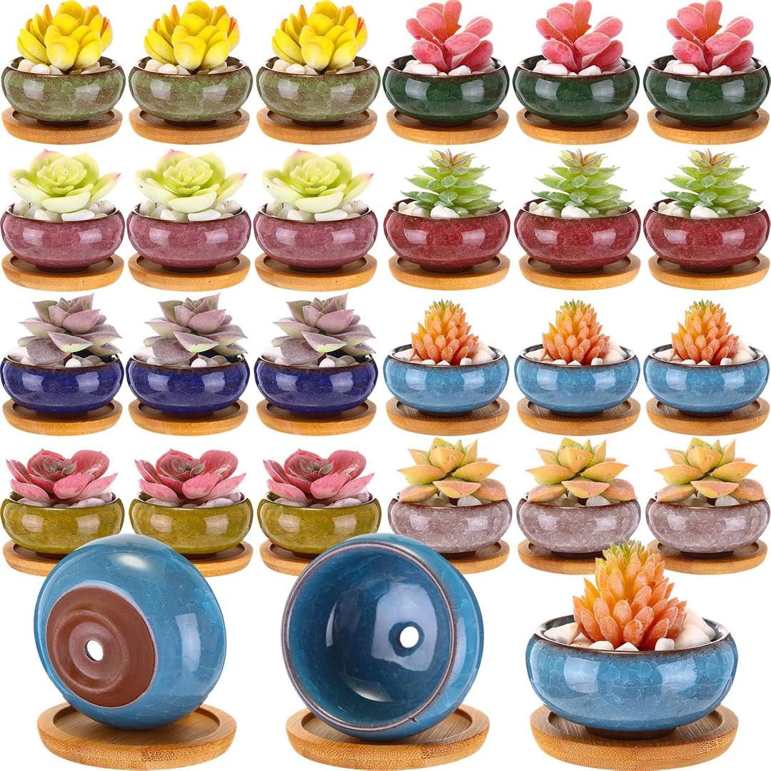 24 Pcs Small Succulent Pots with Drainage - 2.5 Inch Mini Ceramic Cactus Planters with Bamboo Saucers, 8 Colors Ice Crack Glaze Flower Pots for Plants, Home Office Desk Decor