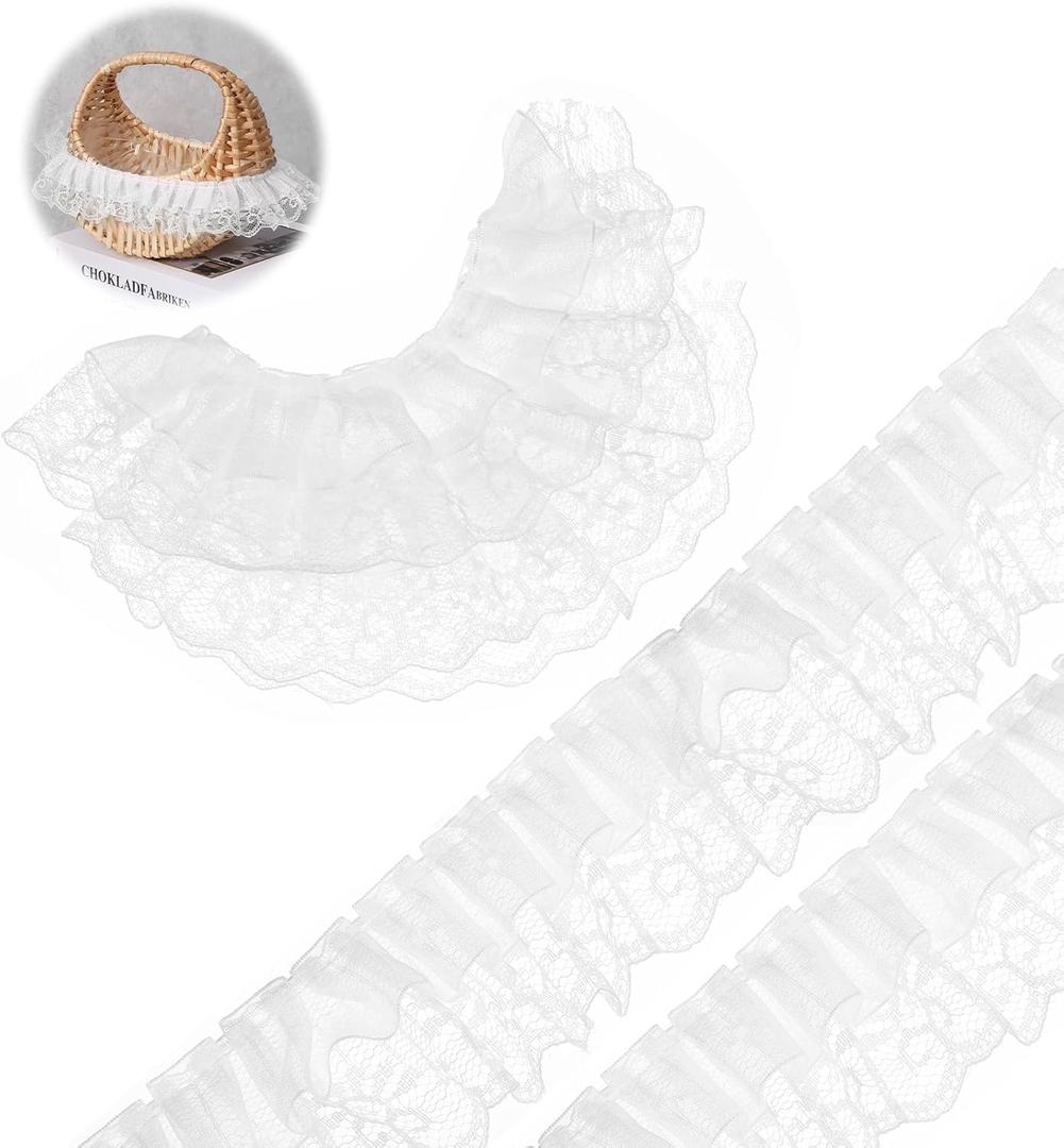 39 In/10 M White Lace Ruffle Ribbon, Double Layer 2 in /5 cm Wide Lace, Ruffle Ribbon Gathered Tulle Edging, White Laces for DIY Sewing Crafts, Dress Embellishments, Gift Wrapping