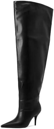 CAGLGLZ Women's Wide Calf Thigh High Heeled Boots Stiletto Cone Heel Boots Pointed Toe Pull On Black Boot Heels for Women Size 38