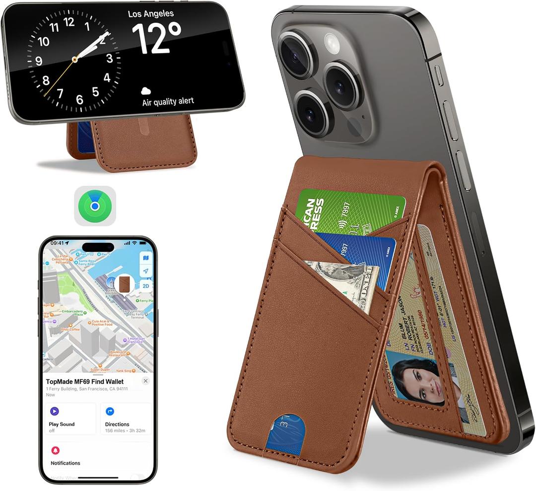 TopMade for MagSafe Wallet, Works with Apple Find My, Magnetic Wallet for iPhone 17/16/15/14/13/12 Series, for iPhone Wallet Stand with Finder Tracker, 6 Card Holder, RFID Blocking, Slim, Brown