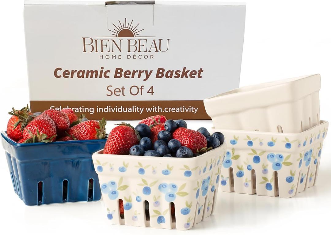 Ceramic Berry Basket, Farmhouse Colander, Farmers Market square Bowl. Rustic Kitchen decor fruit bowls, Fruit Baskets, Bleu White and Blueberry pattern Stoneware Harvest Bowls Set of 2