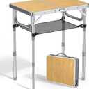 Anbte 2ft Camping Table Foldable, 3 Adjustable Heights High 27.5" Aluminum Small Folding Table with Carrying Handle, Portable, for Outdoor Indoor Picnic Beach BBQ Travel, 24" x 16", Light Oak Grain