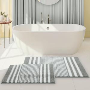 Tindbea Bathroom Rugs Set 2 Piece, Extra Soft and Absorbent Fluffy Striped Chenille Bath Mat Rug Set, Non Slip Bathroom Floor Mat, Machine Washable (20" x 32" Plus 16" x 24", Gray) 
