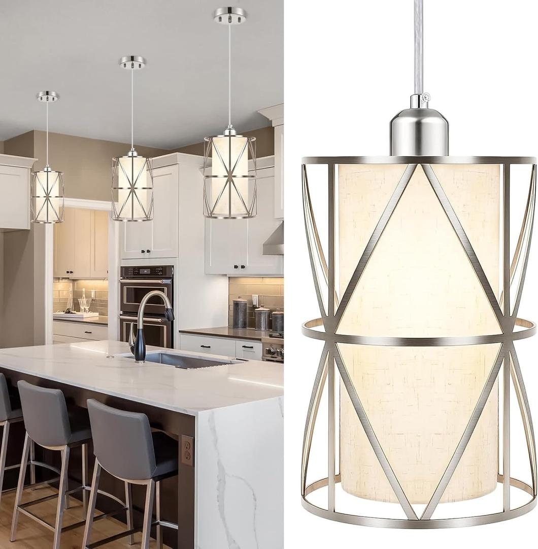 7"10" Modern Pendant Lights Kitchen Island - Adjustable Height Brushed Nickel Kitchen Pendant Lights with Linen Shade, UL Certified Pendant Lighting for Dining Room, Entryway (7''x 10'',1Light (Large)