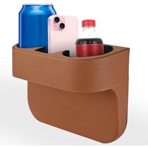 Car Cup Holder, Auto Front Seat Organizer, Multifunctional Cup Drink Holders with PU Leather Cover, Gap Filler Storage Box Coin Console Side Pocket Cell Mobile Phone Holder (Brown)
