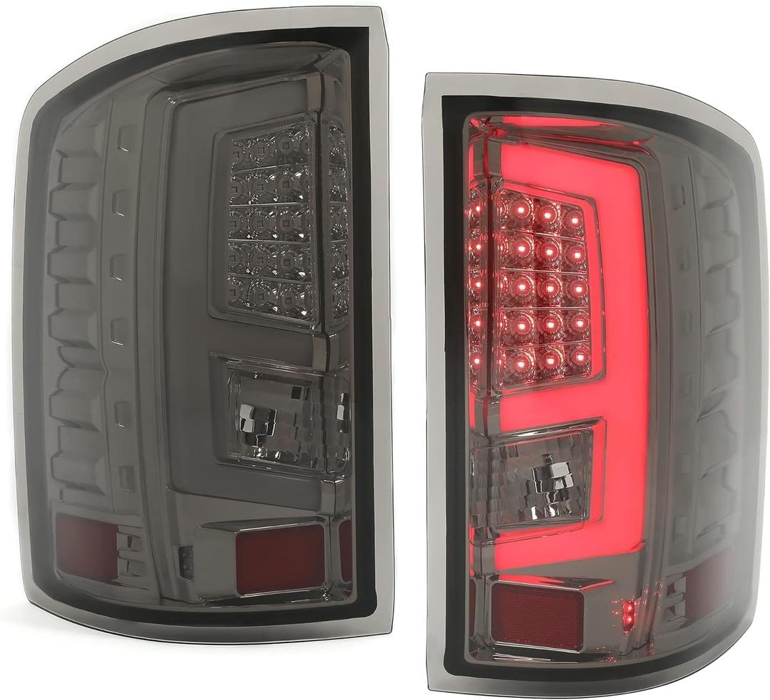 KUAFU Tail Light Assembly Compatible with 2014-2018 GMC Sierra 1500 2500HD 3500HD LED Tube Bar Rear Stop Brake Lamps Left & Right w/Wiring Chrome Housing Smoke Lens