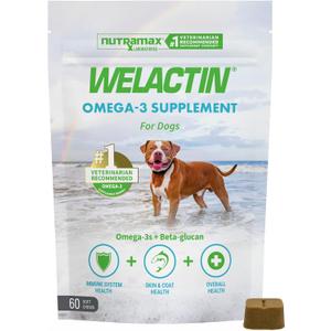 Nutramax Welactin Omega 3 Fish Oil for Dogs, Skin and Coat Health Supplement, Plus Immune and Overall Health, Premium Omega 3 Fatty Acids, Multivitamin For Dogs, Soft Chews, 60 Count