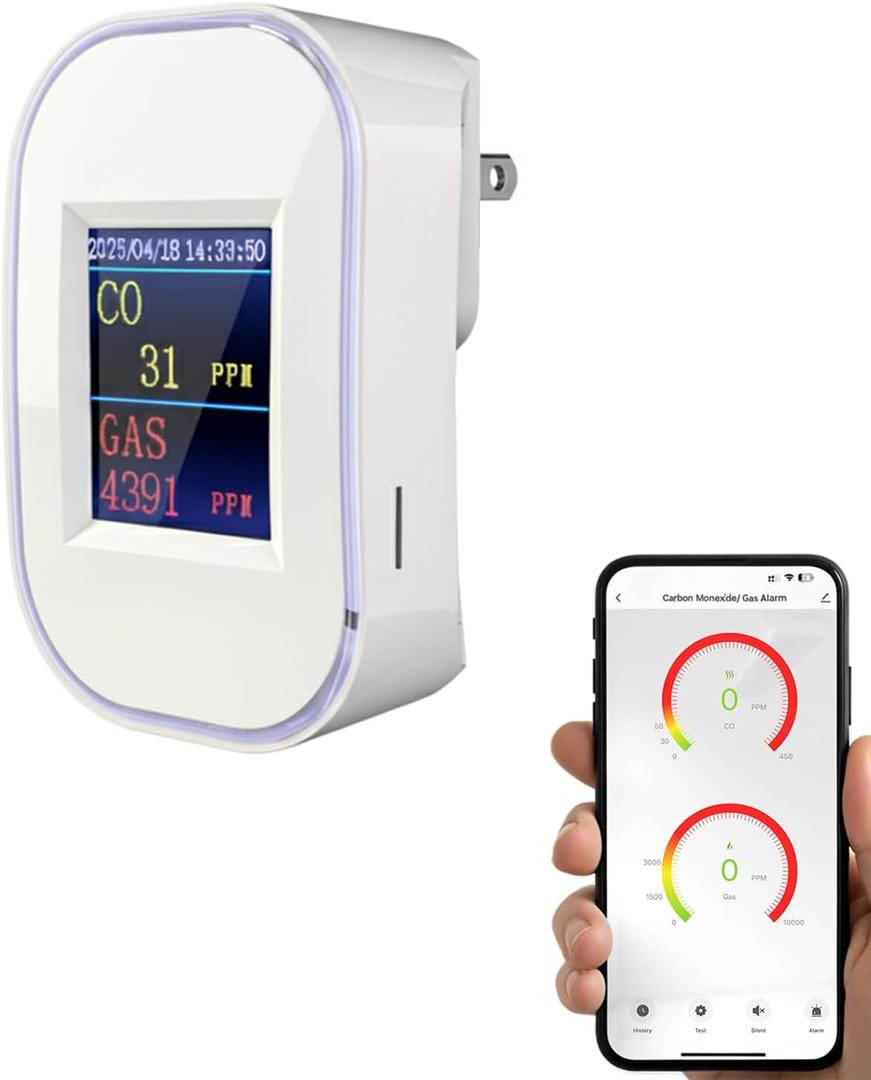 WiFi Carbon Monoxide & Natural Gas Detector Plug-in, 2-in-1 Gas and Carbon Monoxide Detector, Smart CO Detector Plug in & Combustible Gas Leak Detector for Home, RV, Kitchen  Supports 2.4GHz WiFi