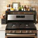 Bamboo Over the Stove Shelf 31in - Durable Stove Shelf for Back of Stove with Non-Slip EVA Liner, 6 Hooks & Utensil Holder, Spice Rack for Standard Stoves (Black)