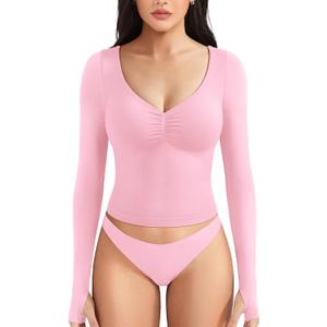 YEOREO CoreFlex Long Sleeve Workout Tops for Women Padded Deep V Neck Double Lined Impact Tops Slim Fit Gym Athletic Shirts (Pink, XS)