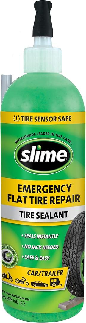 Slime 10011 Flat Tire Puncture Repair Sealant, Emergency Repair for Highway Vehicles, Suitable for Cars/Trailers, Non-Toxic, eco-Friendly, 16 oz Bottle