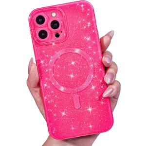 for iPhone 16 Pro Max Case Glitter Compatible with Magsafe, Girly Cute Sparkly Magnetic Mag Safe Pretty Phone Case for Women, Bedazzled Bling Sparkle Slim Bright Silicone Rubber Jelly, Hot Pink