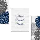 iHAPPYWALL 3 Pieces Relax Unwind Navy Bathroom Wall Art Blue and Grey Bath Flowers Funny Bathroom Sign Art Print for Spa Yoga Bedroom Wall Decor Ready to Hang 12x16inchx3pcs