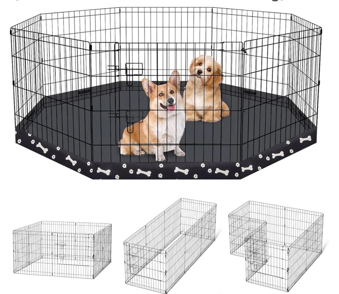 Dog Pen Pet Playpen Dog Fence Indoor Foldable Metal Wire Exercise Puppy Play Yard Pet Enclosure Indoor Outdoor 8 Panels 24 Inch with Bottom Pad (Bottom Cover Fence with Printing)