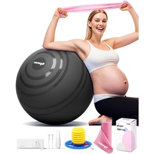 nonogo Birthing Ball for Pregnancy with Resistance Bands- Exercise Ball for Working Out, Yoga, Physical Therapy, Maternity Physio, Balance Stability Ball with Pump ((23''-26'') 65cm, Black)