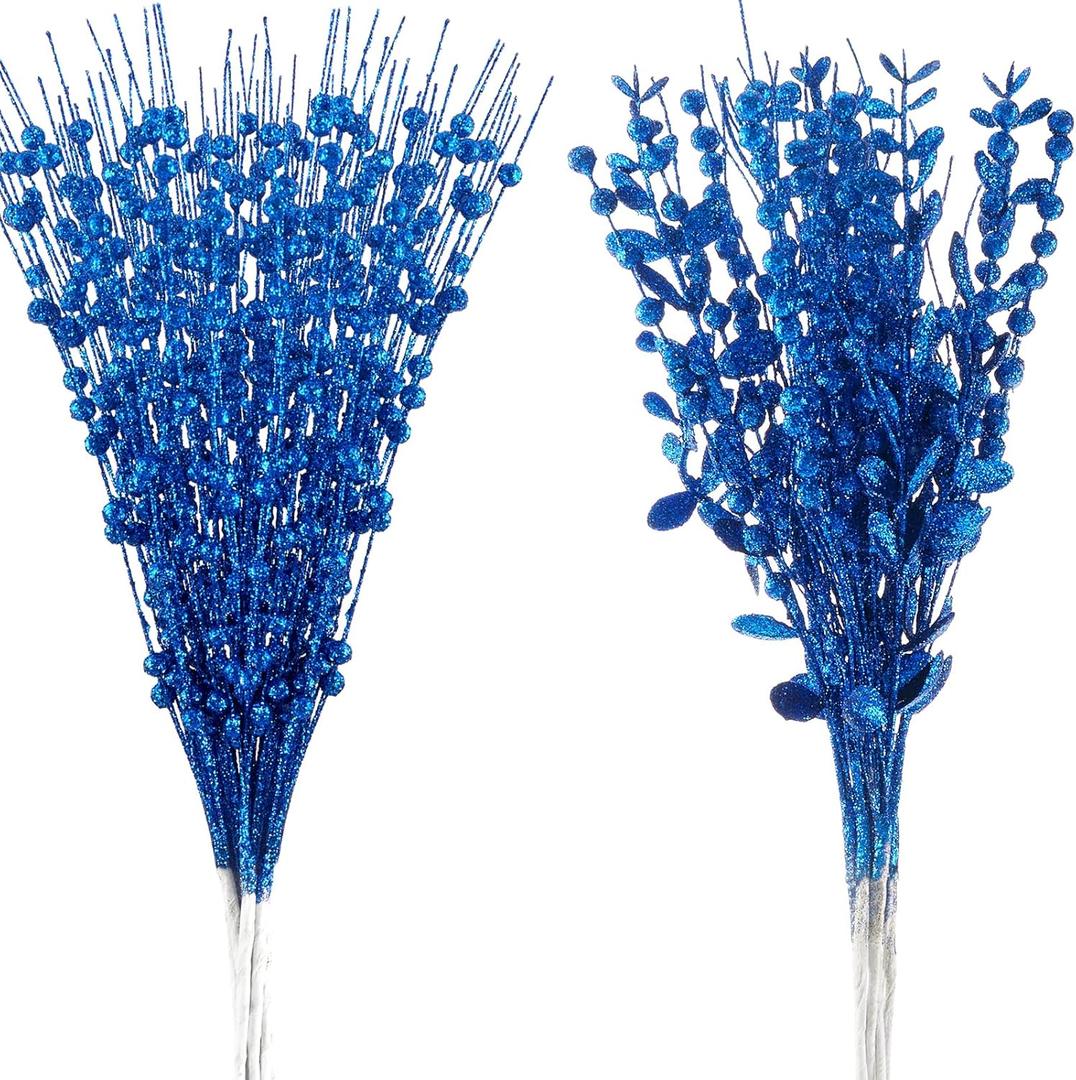 24-Pack Christmas Tree Picks Ornaments, Artificial Glitter Berry Stem Glittery Twigs Ornaments for Christmas Tree Decorations, Small Vase, Holiday, Wedding, Party Decorations (Blue)