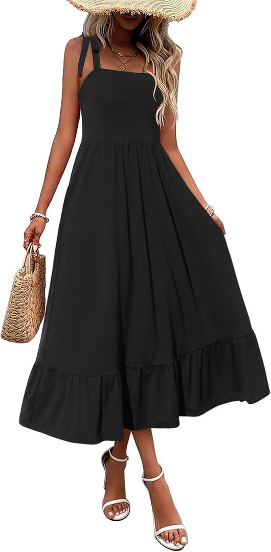 Zeagoo Women Summer Maxi Dress with Pockets 2025 Spaghetti Strap Sundress Casual Flowy Boho Dress Floral Tiered Beach Dress (Black, XXL)