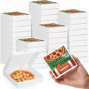 100 Pack Mini Pizza Boxes with Stickers 3.5 x 3.5 x 0.78 Inch Mini Pizza Boxes White Cookie Takeout Cases for Celebrations Party (Football Style)