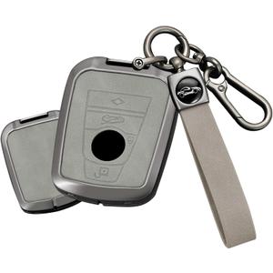 SANRILY Metal Leather Smart Key Fob Cover Case Compatible with BMW i3 2014-2020 i8 BMW i Keyless Key Shell with Keychain Gray