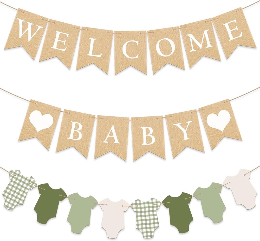 VitalCozy 3 Pcs Baby Suit Banner Pre Strung Burlap Bunting Garland and Welcome Baby Shower Decorations Newborn Birth Sign for Boy Girl Gender Neutral Birthday Gingham Party Supplies Photo Backdrop