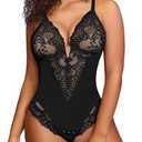 Popilush Bodysuits for Women Tummy Control Lace Corset Tops Large Bust Low Back Shapewear V Neck Thong Bodysuit, M