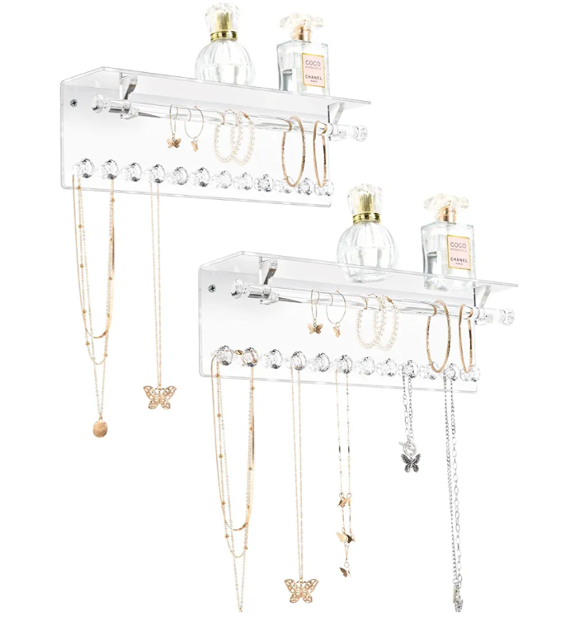 Mymazn 2 Pack Acrylic Necklace Holder with Shelf, 12 Diamond Shape Hooks and Removable Bracelet Rod, Wall Mounted Jewelry Organizer Hanging Rack Clear Jewelry Hangers