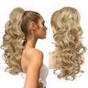 REECHO Ponytail Extension, 18 inch Drawstring Ponytail Hair Extensions Long Curly Wavy Clip in Pony Tail Synthetic Hairpiece for Women, Medium Blonde with Blonde Highlights