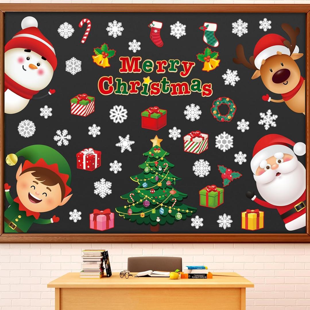 Christmas Bulletin Board Set Merry Christmas Theme Classroom Decorations Snowman Reindeer Elf Santa Paper Cutouts for Xmas Winter Holiday Chalkboard Home Wall Decor