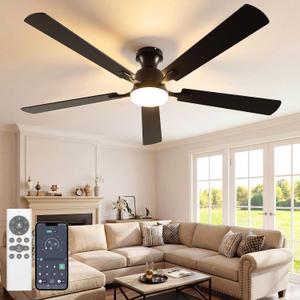 VOLISUN 60 Inch Ceiling Fan with Lights Flush Mount, Low Profile Ceiling Fans with Lights, Remote&APP Control,Dimmable 22W LED Light,Queit&Reversible Fan, Black Ceilings Fans for Bedroom, Living Room