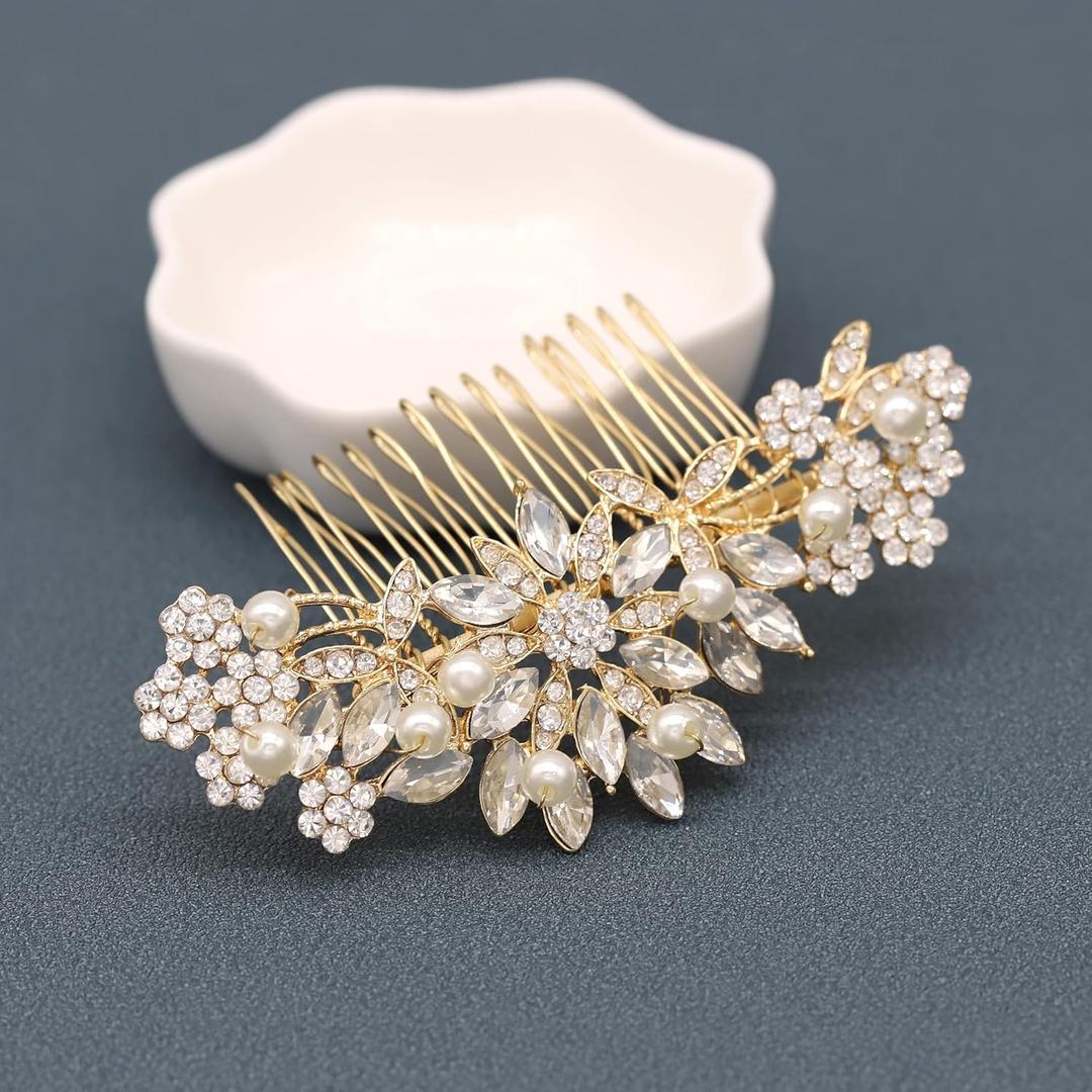 Rose Gold Wedding Hair Comb With Pearls and Crystals Wedding Hair Accessories Bridal Headpiece Or For Parties (Gold)