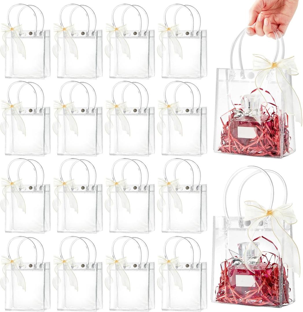 Ohuimrt 50 PCS Clear Plastic Gift Bags with Handles, 5.9 x 4.92 x 2.75 Inches Reusable Party Favor Bags with Ribbon Transparent Gift Wrap Bags Bulk for Weddings Birthdays