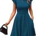 MSLG Women's Fit and Flare Ruffle Short Sleeves Dresses Work V-Back Cocktail Semi Formal A Line Dress with Pockets 842, Medium