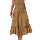 AlvaQ Dress for Women 2024 Summer Casual Loose Crewneck Solid Color Long Dresses Aline Sundress Fashion 2024 Light Brown Large